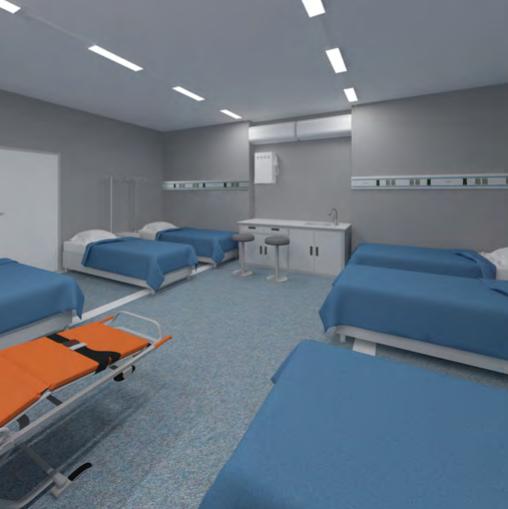Render de sala de hospitalización en contenedor